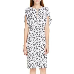 Lewit Black White Floral Silk Slit Neck Tulip Sleeves Dress Size 14